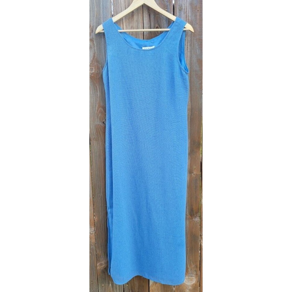 Amanda Smith Lined Blue Maxi Yoke-Style Dress Boat Neck Slit Sides